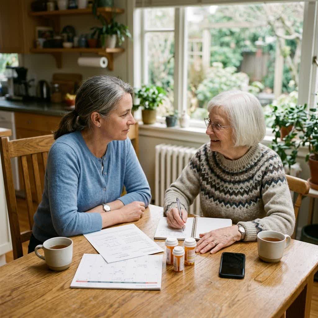 Adult daughter sitting at a kitchen table with an older parent, organizing medical papers