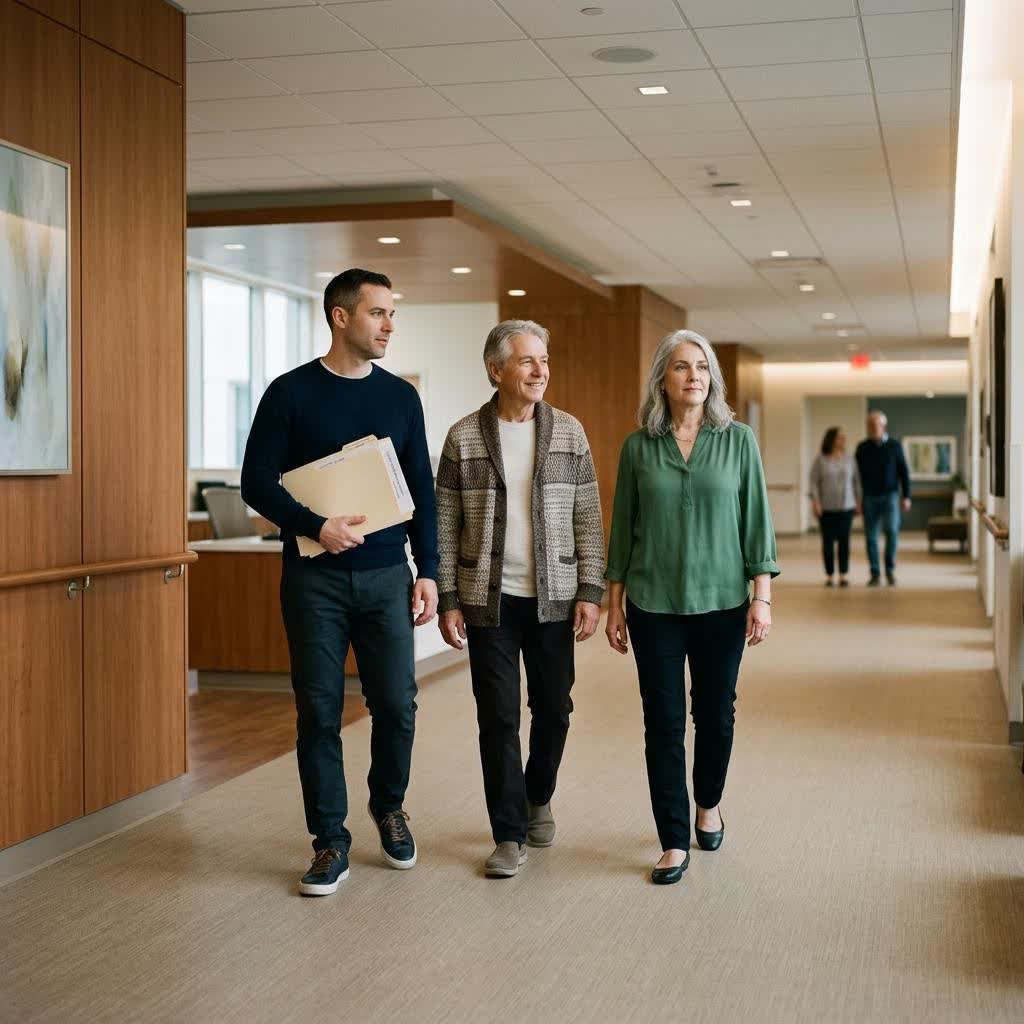 Family leaving a hospital setting with discharge paperwork