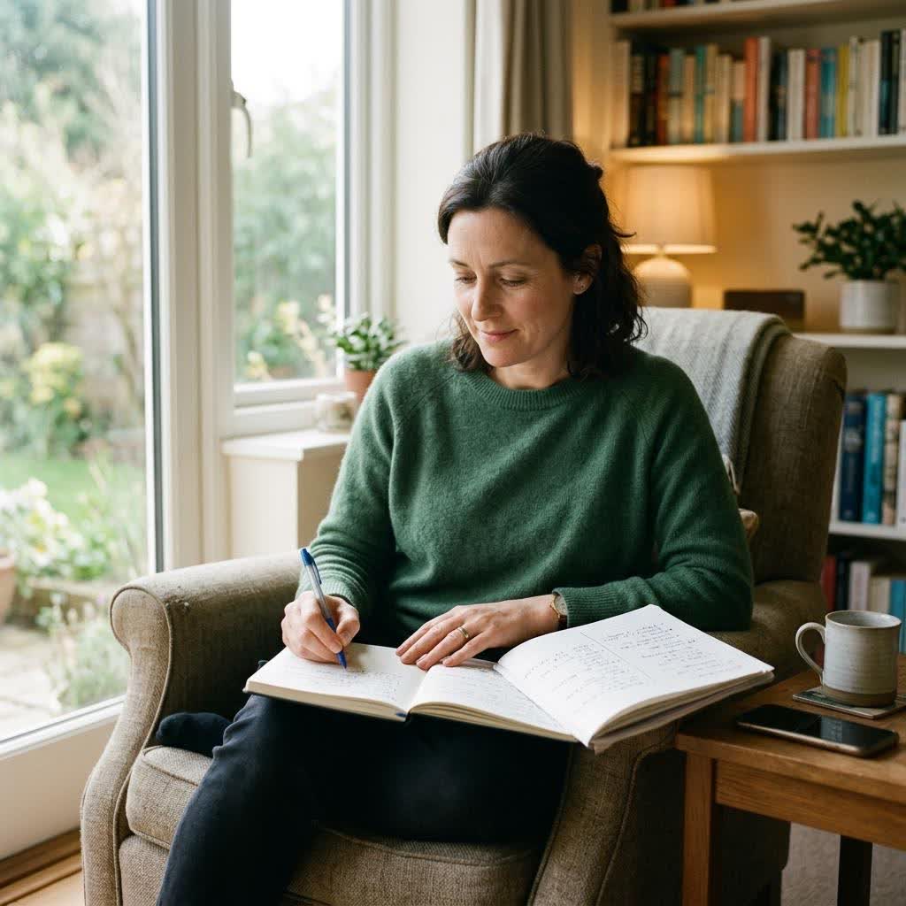 A woman at a table preparing notes and questions for a medical appointment